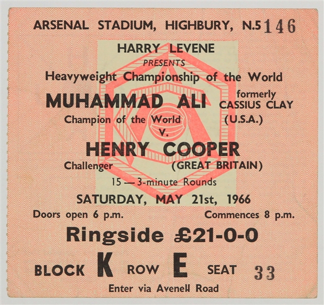 1966 (May 21) Muhmmad Ali Henry Cooper Arsenal Stadium Heavyweight Title Fight Ticket Stub