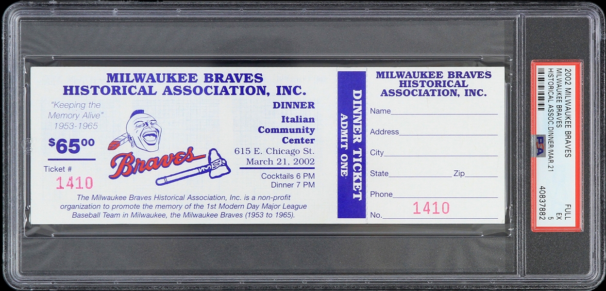 2002 Milwaukee Braves Historical Association Dinner Full Ticket (PSA EX 5 Slabbed)