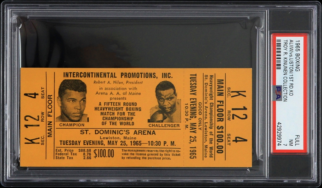 1965 Muhammad Ali vs Sonny Liston 1st Round KO World Heavyweight Championship Full Ticket (PSA NM 7 Slabbed)