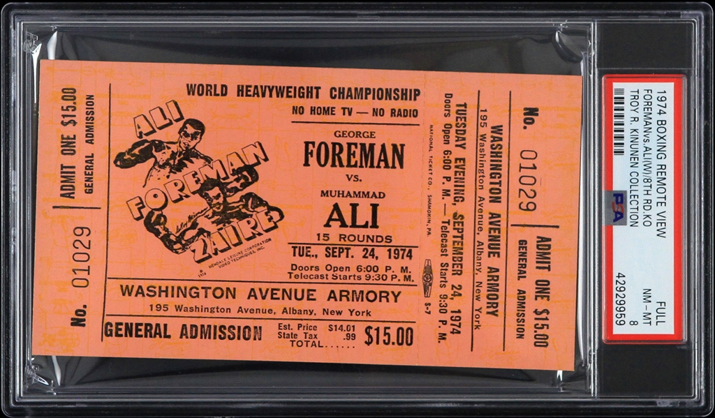 1974 George Foreman vs Muhammad Ali 8th Round KO World Heavyweight Championship Full Ticket (PSA NM-MT 8 Slabbed) 