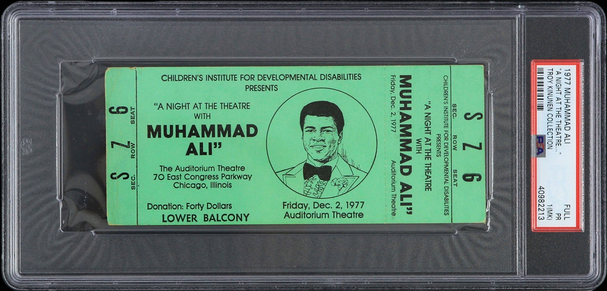 1977 Muhammad Ali "A Night at the Theatre" Full Ticket (PSA PR 1 MK Slabbed)