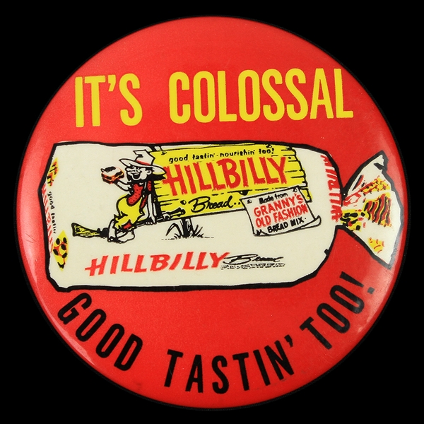 1970s Hillbilly Bread "Its Colossal Good Tastin Too!" 4" Pinback Button 