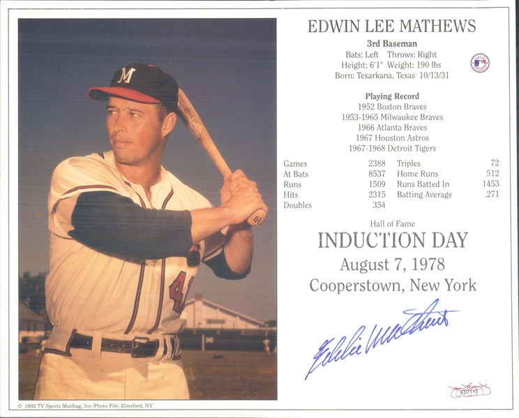 1992 Eddie Mathews Milwaukee Braves Signed 8" x 10" Cooperstown Induction Day Photo (*JSA*)