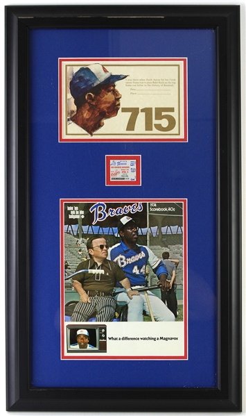 1974 Hank Aaron Milwaukee Braves Scorebook & 715th Home Run Ticket Stub within 17"x 29" Frame