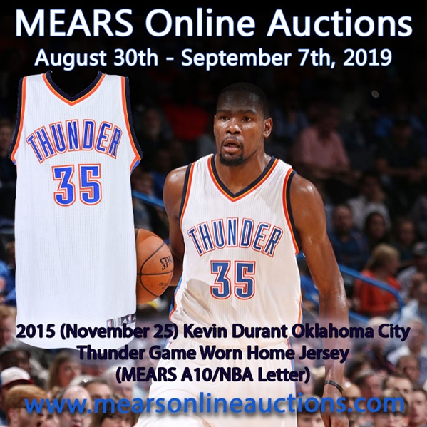 2015 (November 25) Kevin Durant Oklahoma City Thunder Game Worn Home Jersey (MEARS A10/NBA Letter)