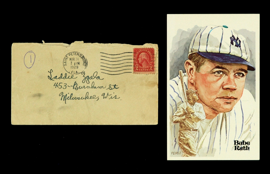 1929-80 Babe Ruth New York Yankees Memorabilia - Lot of 2 w/ Perez Steele Postcard & St. Petersburg Postmarked Envelope