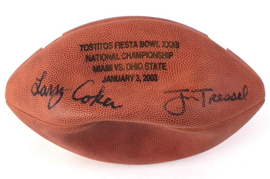 2003 Jim Tressel Larry Coker Ohio State Buckeyes Miami Hurricanes Signed Tostitos Fiesta Bowl XXXII National Championship Game Football (JSA)
