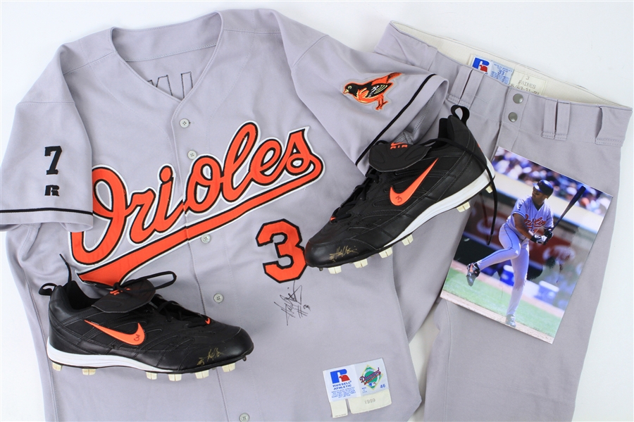 1998-99 Harold Baines Baltimore Orioles Signed Game Worn Road Uniform w/ Jersey, Pants & Cleats (MEARS A10/JSA)