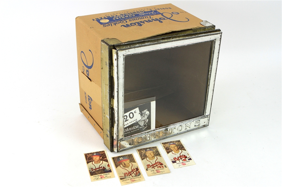1950s Milwaukee Braves Johnston Cookies & Crackers Store Display Box w/ Swinging Glass Door & 4 Cards