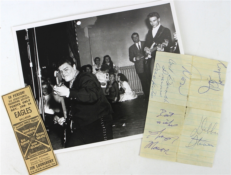 1959 Ritchie Valens Big Bopper Dion & More Signed Sheet w/ 8" x 10" Ritchie Valens Photo & Winter Dance Party Newspaper Clipping (JSA)