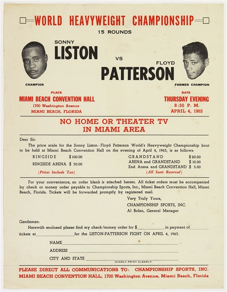 1963 Sonny Liston vs Floyd Patterson Ring Ticket Form 8”x10” Broadside 