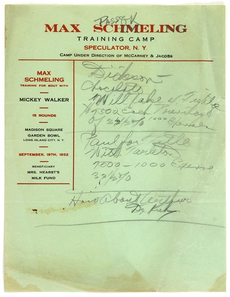 1932 Max Schmeling Trains with Mickey Walker Training Schedule Letterhead