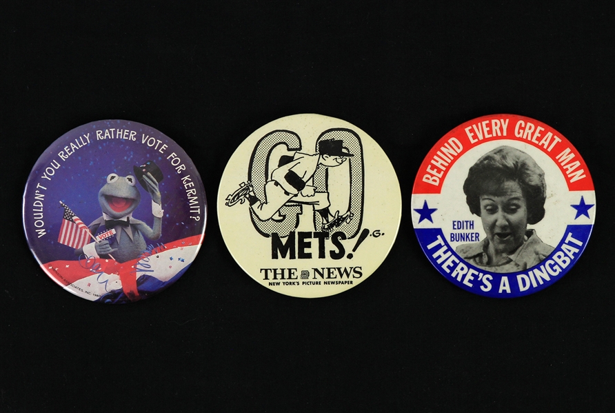 1970s-80s 3.5" Pinback Button Collection - Lot of 3 w/ Go Mets!, Edith Bunker & Vote Kermit The Frog