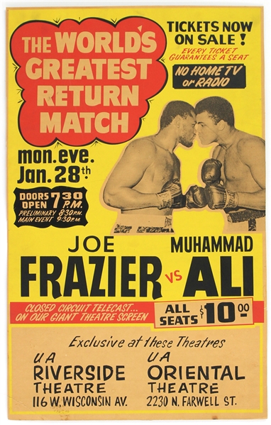 1974 Muhammad Ali Joe Frazier Heavyweight Title Bout 13.75" x 21.75" Closed Circuit Broadside