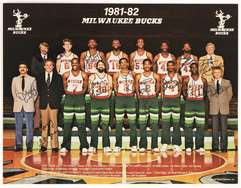 1981-82 Milwaukee Bucks Team Signed 8.5" x 11" Photo w/ 17 Signatures Including Don Nelson, Sidney Moncrief, Bob Lanier, Marques Johnson & More