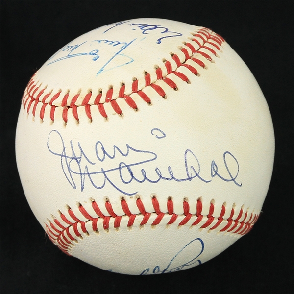 1991-92 Willie Mays Willie McCovey Juan Marichal Gaylord Perry Multi Signed ONL White Baseball (JSA)