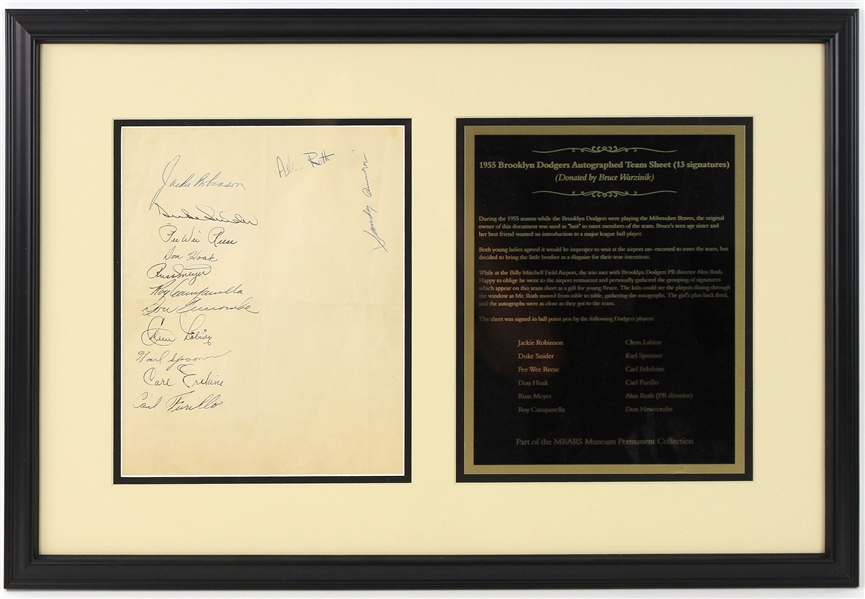 1955 World Series Champion Brooklyn Dodgers Multi Signed 16.5" x 24.5" Framed Sheet w/ 13 Signatures Including Jackie Robinson, Roy Campanella, Duke Snider & More (JSA) 