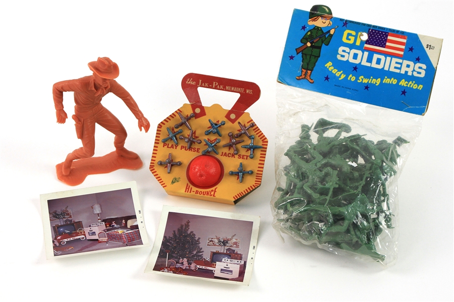 1950s-60s Vintage Toy & Polaroid Collection - Lot of 5 w/ MOC Play Purse Jack Set, MIB GI Soldiers & More