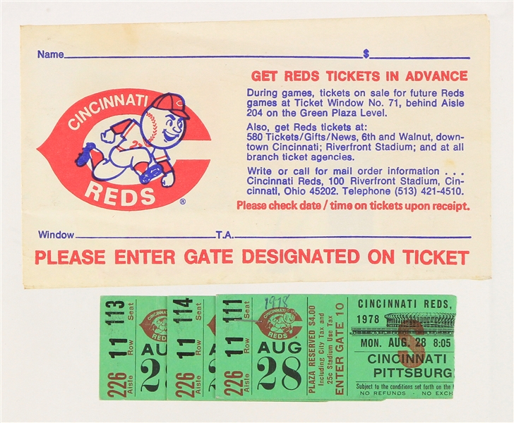 1978 (August 28) Cincinnati Reds Riverfront Stadium Ticket Stubs - Lot of 3 w/ Original Envelope 
