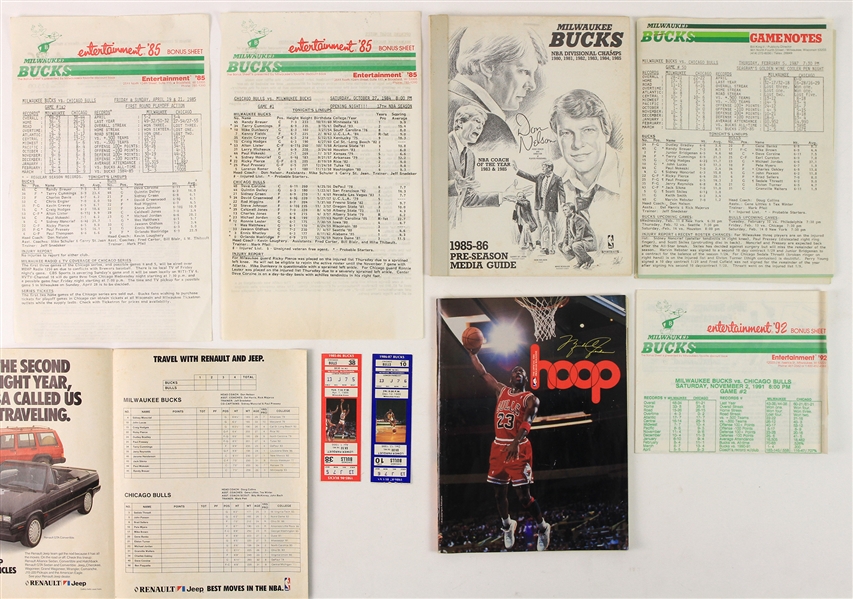 1984-91 Michael Jordan Chicago Bulls Milwaukee Bucks Memorabilia Collection - Lot of 25+ w/ Bucks Bonus Sheets From Jordans 2nd Game, 1st Playoff Games & More
