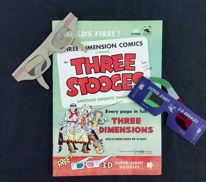 1953 Three Stooges Three Dimension Comics w/ 2 Pairs of 3-D Glasses 