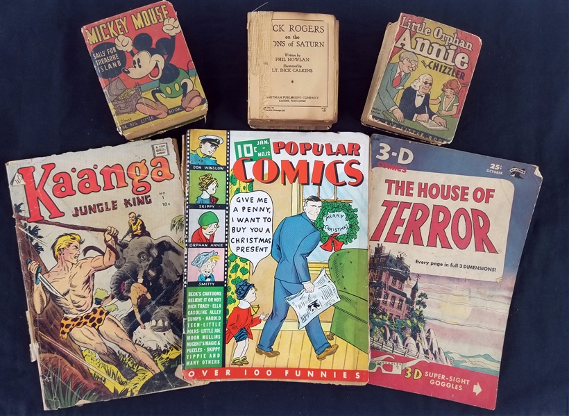 1930s-50s Comic Book & Big Little Book Collection - Lot of 6 w/ Mickey Mouse, Orphan Annie, Buck Rodgers, 3-D House of Terror & More