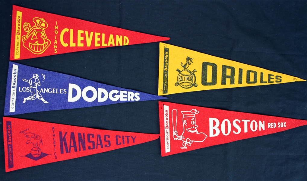 1959 Bazooka 13.5" Mini Baseball Pennants - Lot of 5 w/ Kansas City Athletics, Boston Red Sox, Los Angeles Dodgers & More