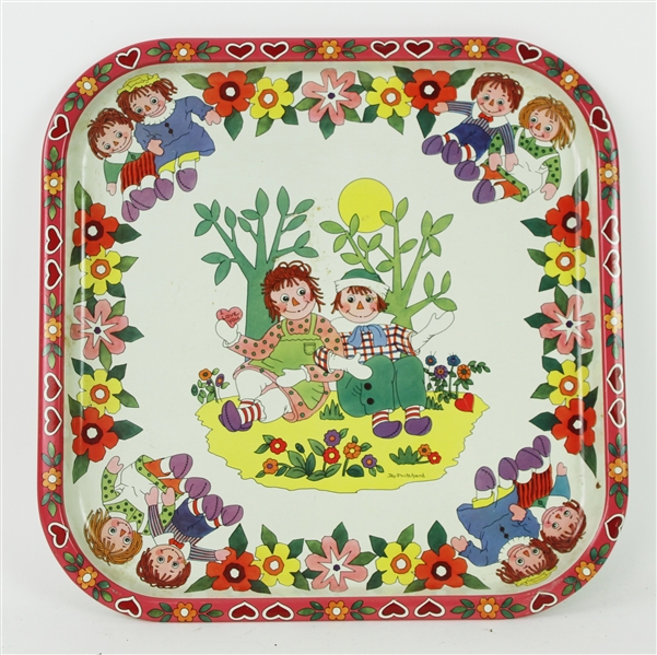 1970s Raggedy Ann & Andy 13.5" x 13.5" Serving Tray w/ Wall Hanging Attachment on Reverse