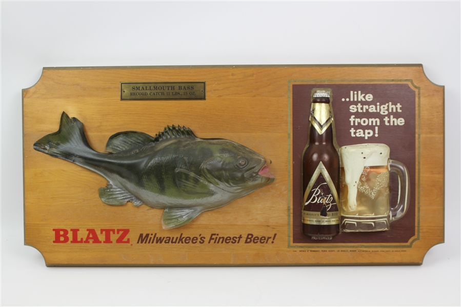 1960s Blatz Smallmouth Bass 14" x 29" Wooden Sign 