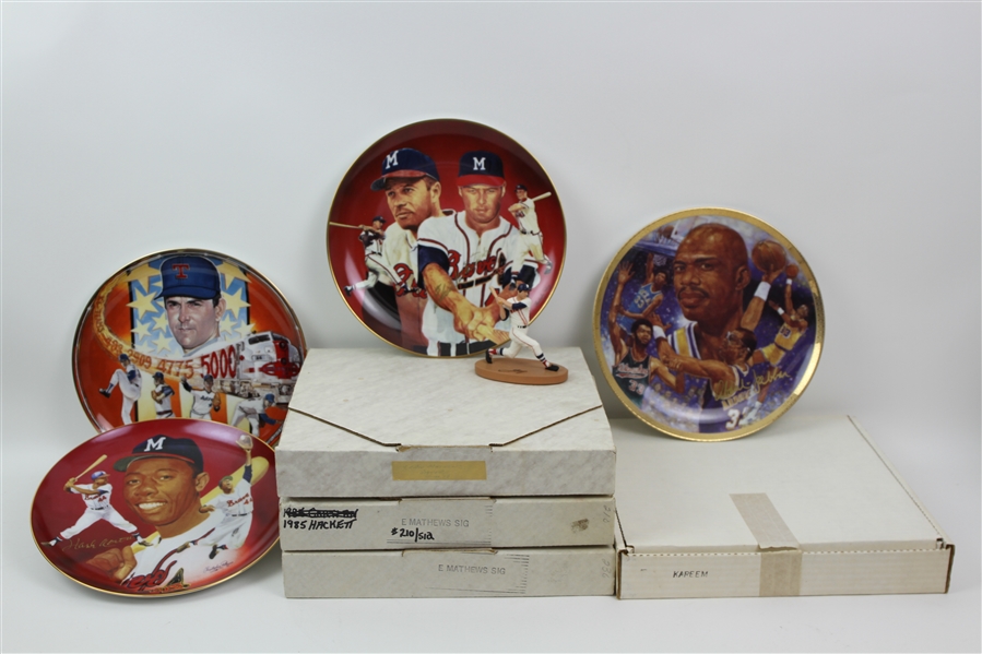 1985-90 Commemorative Plate Collection - Lot of 8 w/ Hank Aaron Signed Proof, Eddie Mathews Signed, Kareem Abdul Jabbar Signed & More (JSA)
