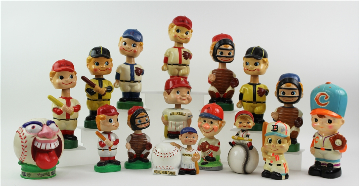 1950s-90s Baseball Vintage Nodder Coin Bank Collection - Lot of 16 w/ Bombers Home Run Bank, A No Hitter & More