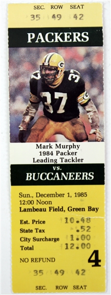 1985 (December 1) Green Bay Packers Tampa Bay Buccaneers Lambeau Field "Snow Bowl" Full Ticket 