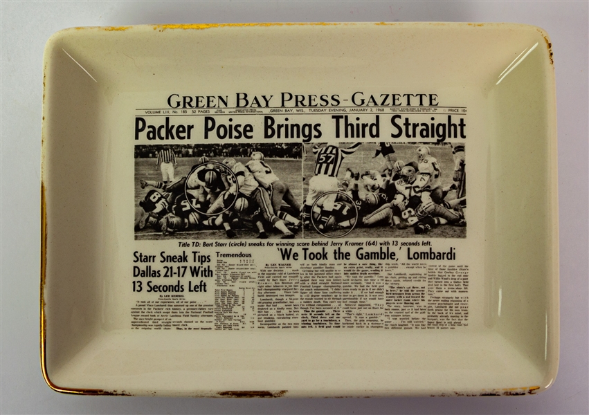 1968 Green Bay Packers Poise Brings Third Straight Green Bay Press Gazette 5.25" x 7.25" Ice Bowl Ceramic Dish
