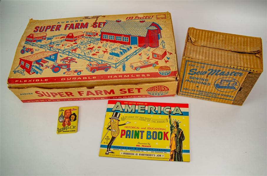 1940s-90s American Vintage Toy Collection - Lot of 4 w/ Sew Master Sewing Machine in Original Box, Auburn Super Farm Set in Original Box & More 