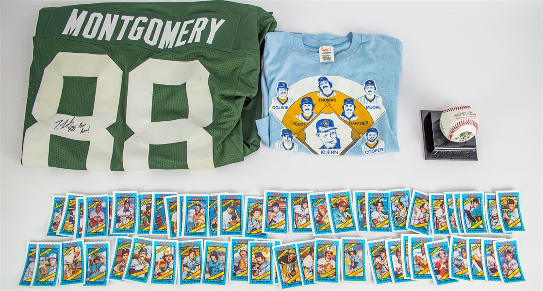 1980s-2000s Milwaukee Brewers Bucks Green Bay Packers Memorabilia - Lot of 5 w/ Kareem Adbul Jabbar Signed Lithograph, Harveys Wallbangers T-Shirt & More (JSA)