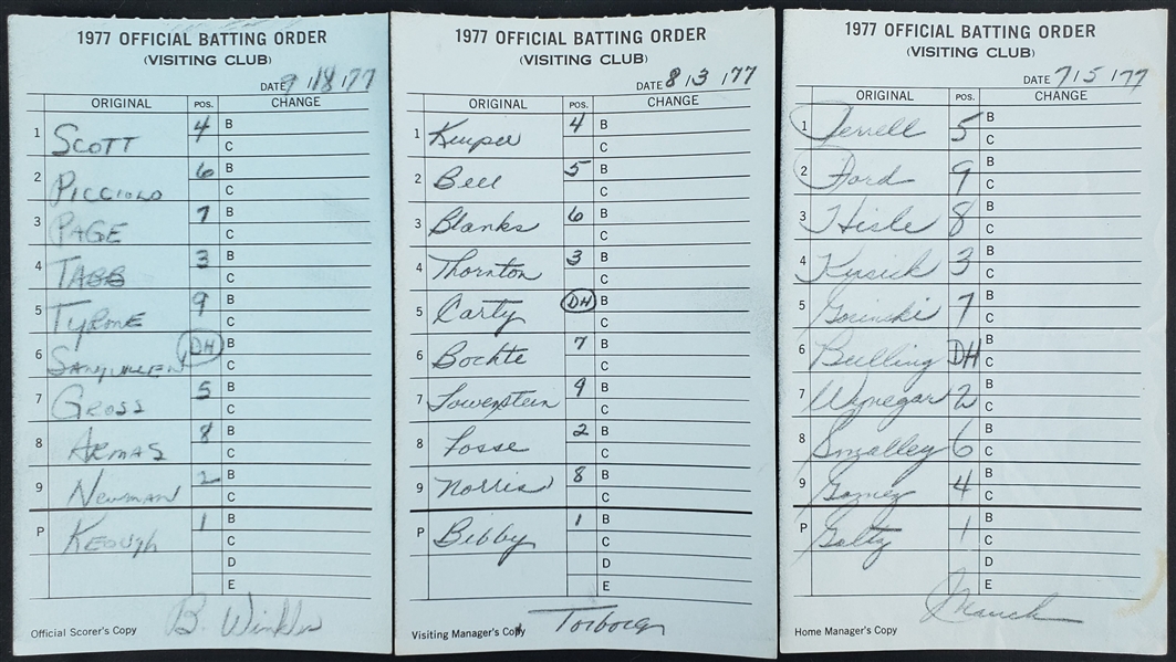 1977 Bobby Winkles Jeff Torborg Gene Mauch Manager Signed Milwaukee County Stadium Lineup Cards - Lot of 3 (JSA)