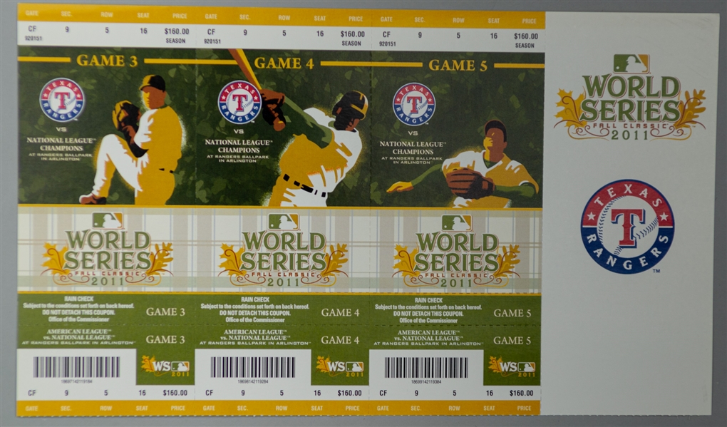 2011 Texas Rangers Ballpark in Arlington Unused World Series Games 3,4,5 Ticket Strips - Lot of 10