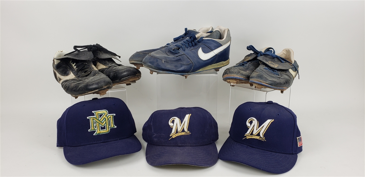 1980s-2000s Milwaukee Brewers Memorabilia Collection - Lot of 7 w/ Game Worn Cleats, Game Worn Caps & More (MEARS LOA)