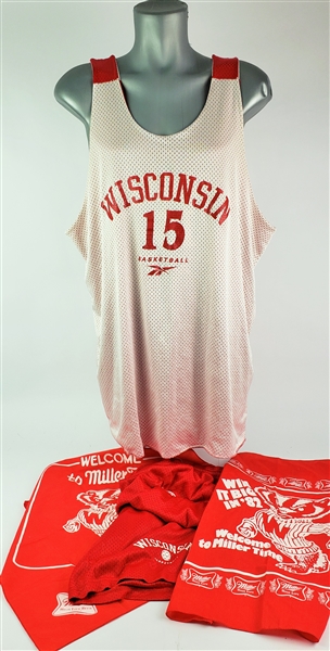 1980s-90s Wisconsin Badgers Basketball Memorabilia - Lot of 4 w/ Reversible Practice Jersey, Practice Shorts & Miller Time Bandanas (MEARS LOA)
