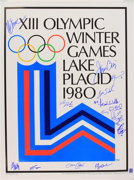 1980 USA Hockey Team Signed 19" x 24" XIII Olympic Winter Game Lake Placid Poster w/ 14 Signatures Including Jim Craig, Mike Eruzione, Steve Janaszak & More (JSA)