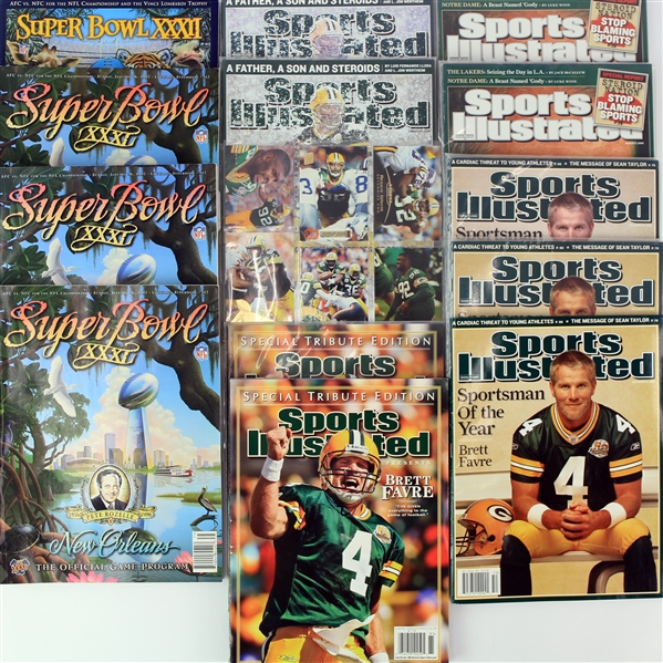 1993-2008 Green Bay Packers Publications & Trading Cards - Lot of 20 w/ Super Bowl Programs, Brett Favre Sports Illustrated & Reggie White Cards 