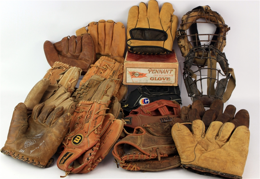 1900s-80s Player Endorsed Store Model Baseball Gloves - Lot of 15 + 2 Vintage Catchers Masks