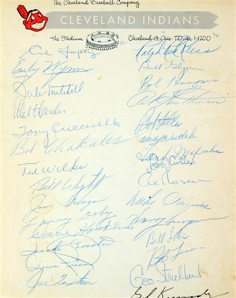 1953 Cleveland Indians Team Signed Sheet w/ 29 Signatures Including Larry Doby, Bob Feller, Early Wynn, Al Lopez & More (JSA)