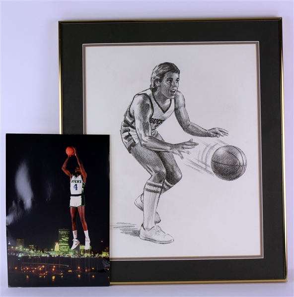 1980s Milwaukee Bucks Memorabilia - Lot of 2 w/ 9" x 13" Sidney Moncrief Nike Poster Photo & 20" x 23" George Pollard Framed Charcoal Sketch