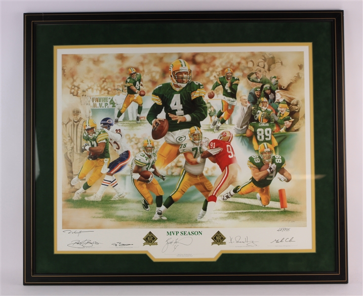 1996 Brett Favre Green Bay Packers Multi Signed 28" x 33 Framed "MVP Season" Artist Signed Lithograph w/ 5 Signatures Including Favre, Robert Brooks, Edgar Bennett & More (JSA) 48/995