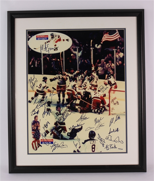 1980 USA Olympic Hockey Team Signed 22" x 26" Framed Celebration Photo w/ 20 Signatures Including Mike Eruzione, Jim Craig & More (JSA) 936/980