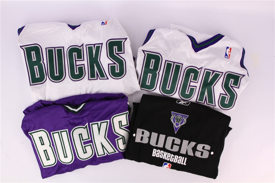 2003-04 Milwaukee Bucks Blank Jersey Collection - Lot of 3 + T-Shirt (MEARS LOA)