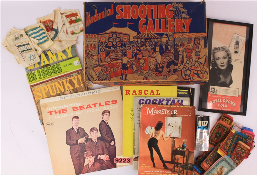1910s-70s Americana Collection - Lot of 90+ w/ Beatles Record Album, Mens Magazines, Mechanical Shooting Gallery Game & Cigarette Silks/Felts