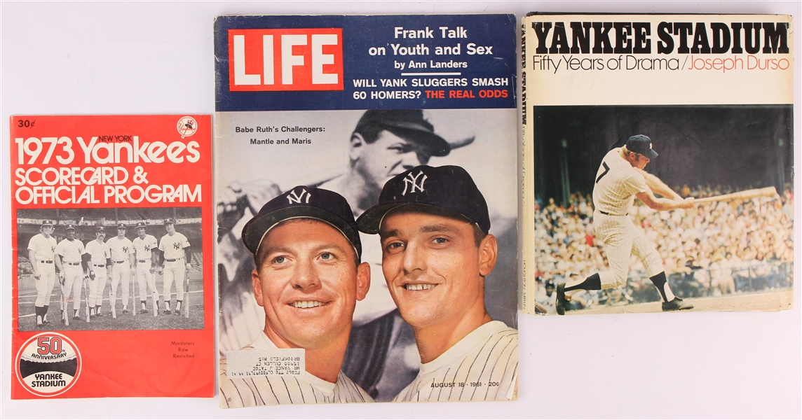 1961-73 New York Yankees Publications - Lot of 3 w/ Mantle/Maris Life Magazine, 1973 Program & Yankees Stadium 50 Years of Drama Hardcover Book