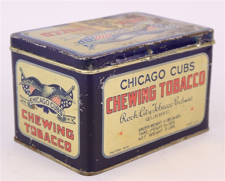 1930s Chicago Cubs Rock City Tobacco Co. Quebec 4" x 4.25" x 6.25" Chewing Tobacco Tin 